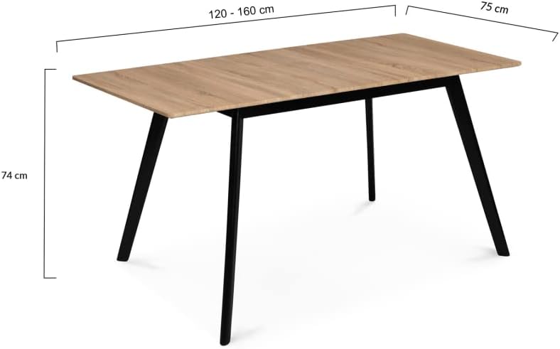 Scandinavian Extendable Dining Table Inga 120-160cm Wooden Top Black Feet