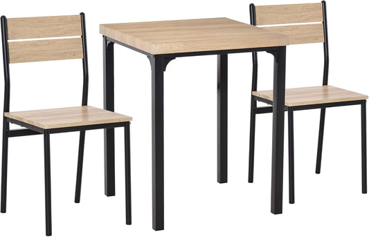 3-piece dining set, dining table set, MDF wood table with natural wood grain, metal and black with 1 table and 2 chairs.