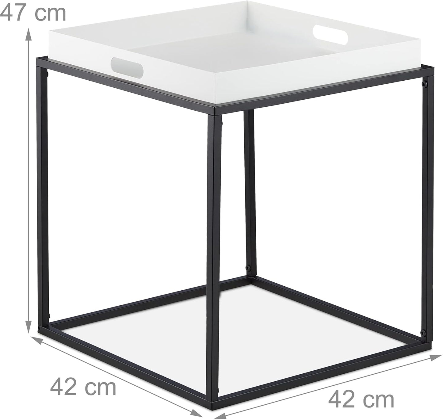 Side Table, Storage Table with Serving Tray, Height 47 x 42 x 42 cm, Steel, Square Sofa Table, White/Black