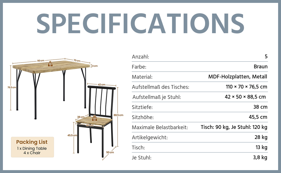 Dining Table with 4 Chairs, Rectangular Kitchen Table Set, Set of 5 for 4 People, Kitchen Table Set for Dining Room, Living Room, Patio, Brown