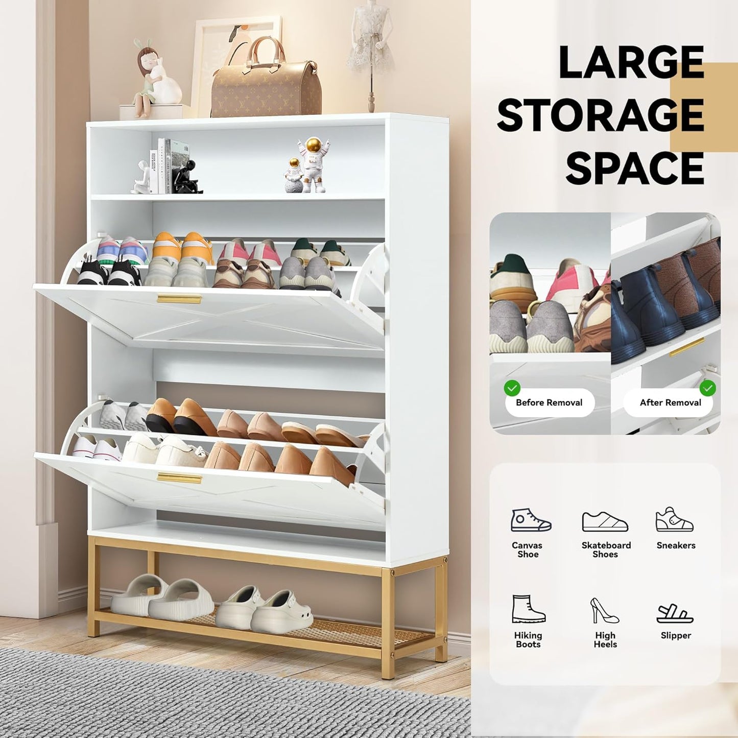 HOMREST Shoe Cabinet with 2 Flip Drawers,Freestanding Shoe Cabinet Organizer with Open Storage,Shoe Storage Cabinet for Entryway,Narrow Shoe Rack Cabinet with Metal Base, Beige