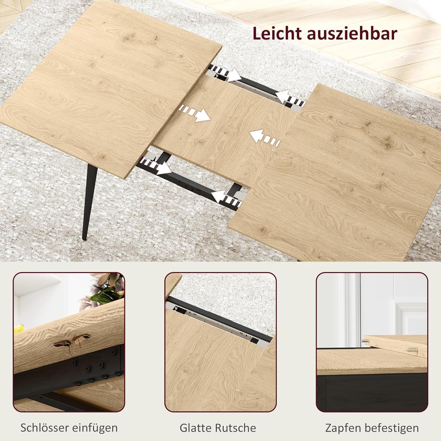 Esstisch ausziehbar 120/160 x 75 cm Küchentisch für 6-8 Personen, moderner Esszimmertisch mit Stahlbeine, Natur