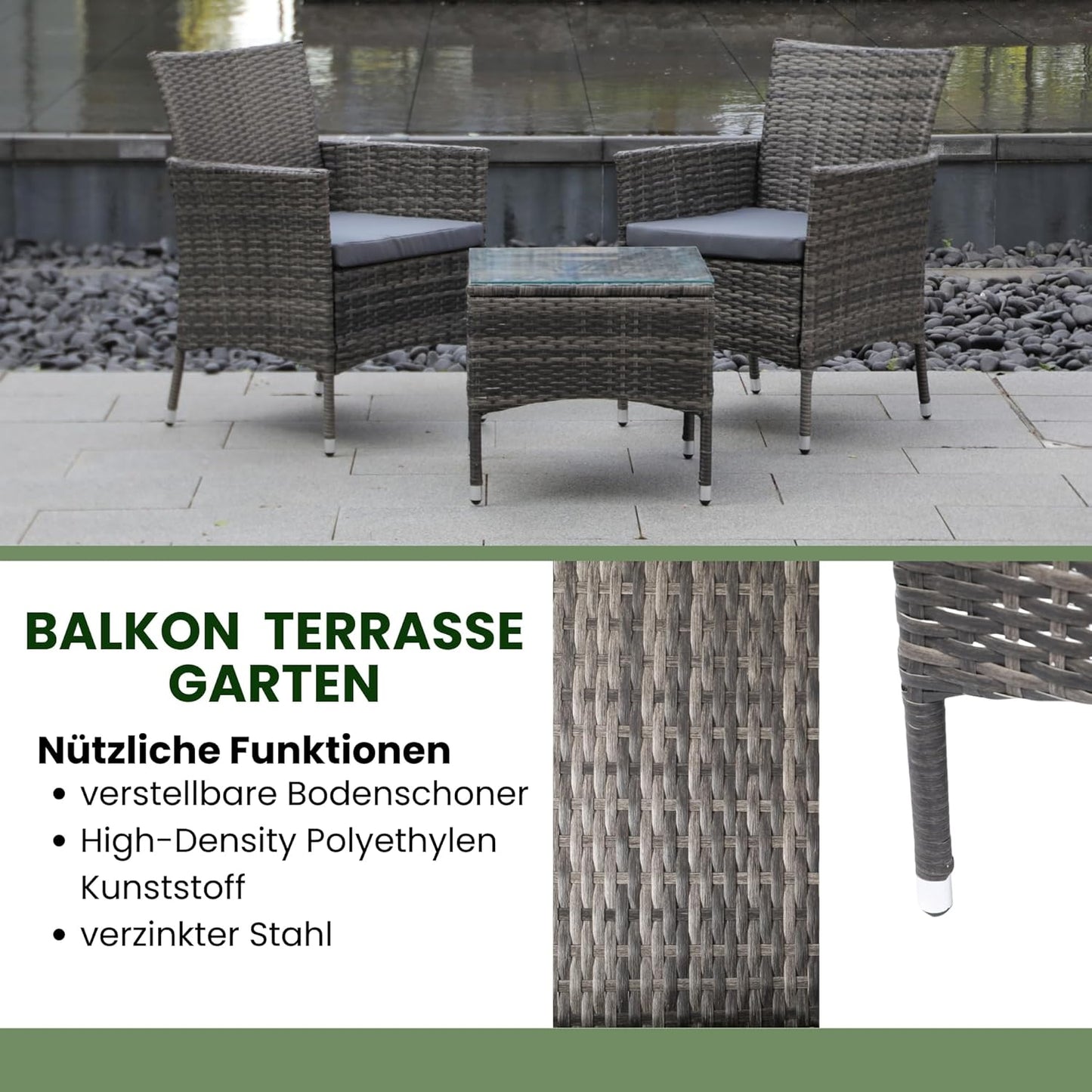 Balcony Furniture Set 3-Piece Rattan Polyrattan, 2 Armchairs with Table, Lounge Set Balcony Garden Lounge Garden Furniture Seating Set with Cushions and Glass Table for Garden Patio Outdoor