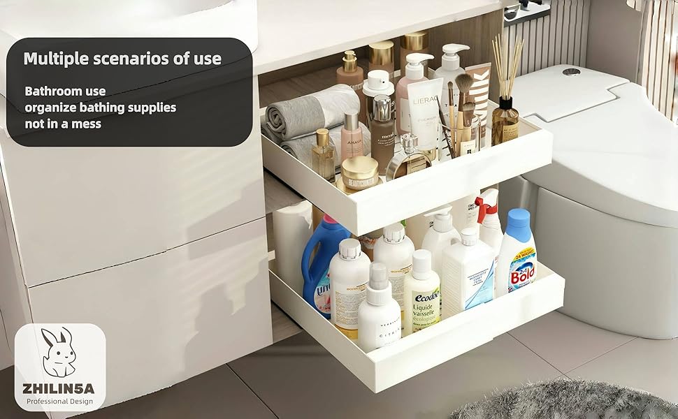 Pull out Cabinet Organizer, Expandable(12.6"-20.5"), 20.5" Deepy Slide out Drawers Fixed with Adhesive Nano Film for Pots, Roll out Shelf Storage for Kitchen (White_20.5''Deep)