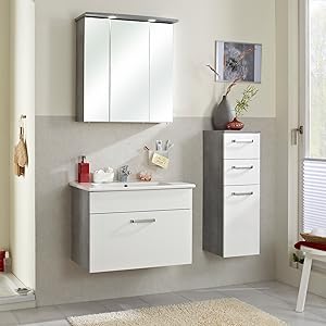 Bathroom Cabinet in White Gloss / Concrete Look, 30 cm Wide, Base Cabinet with 1 Door, 2 Drawers and 1 Shelf