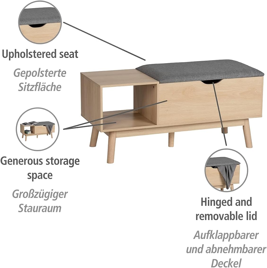 Edda Bench with Storage Compartment, Modern Shoe Bench with Seat Padding and Generous Storage Space for Hallway and Hallway, Hinged and Removable Lid in Trendy Oak Look, 100 x 45 x 40 cm, MDF