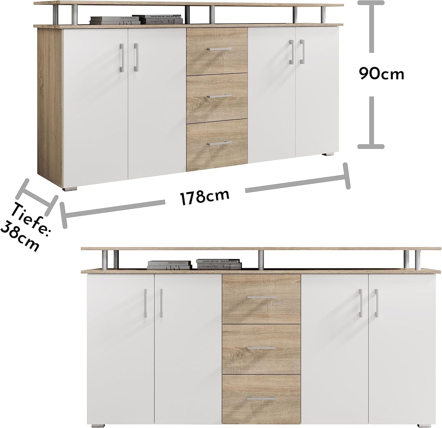 Trading Highboard with Shelf in Sonoma Oak Look, White, Modern Living Room Cabinet with Drawers and Lots of Storage Space for Your Living Area, 178 x 90 x 38 cm (W x H x D)