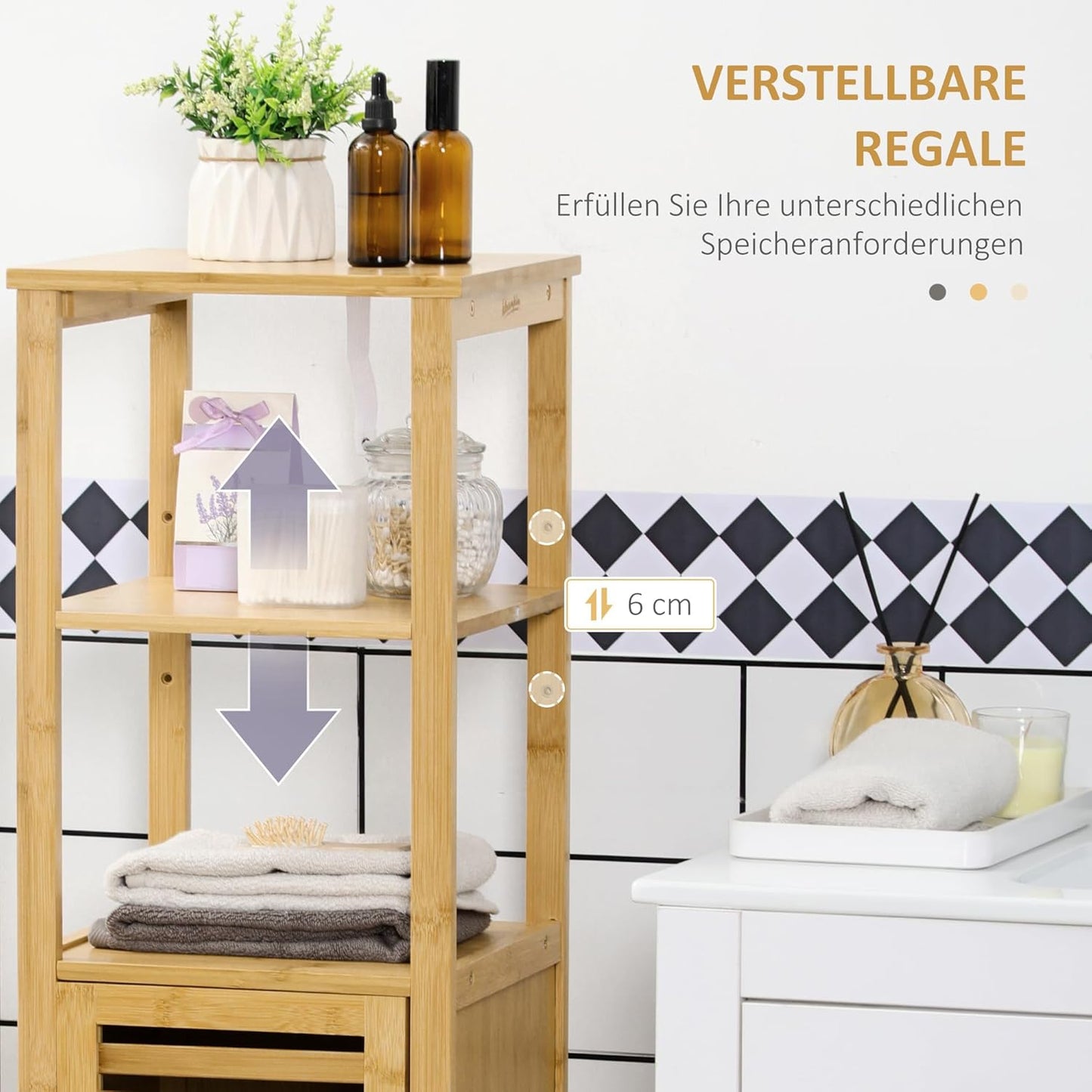 Bathroom Cabinet, Height Adjustable, Bamboo Bathroom Furniture with Cabinet, Two Open Shelves for Bathroom, Approx. 33 x 30 x 120 cm, Natural Wood