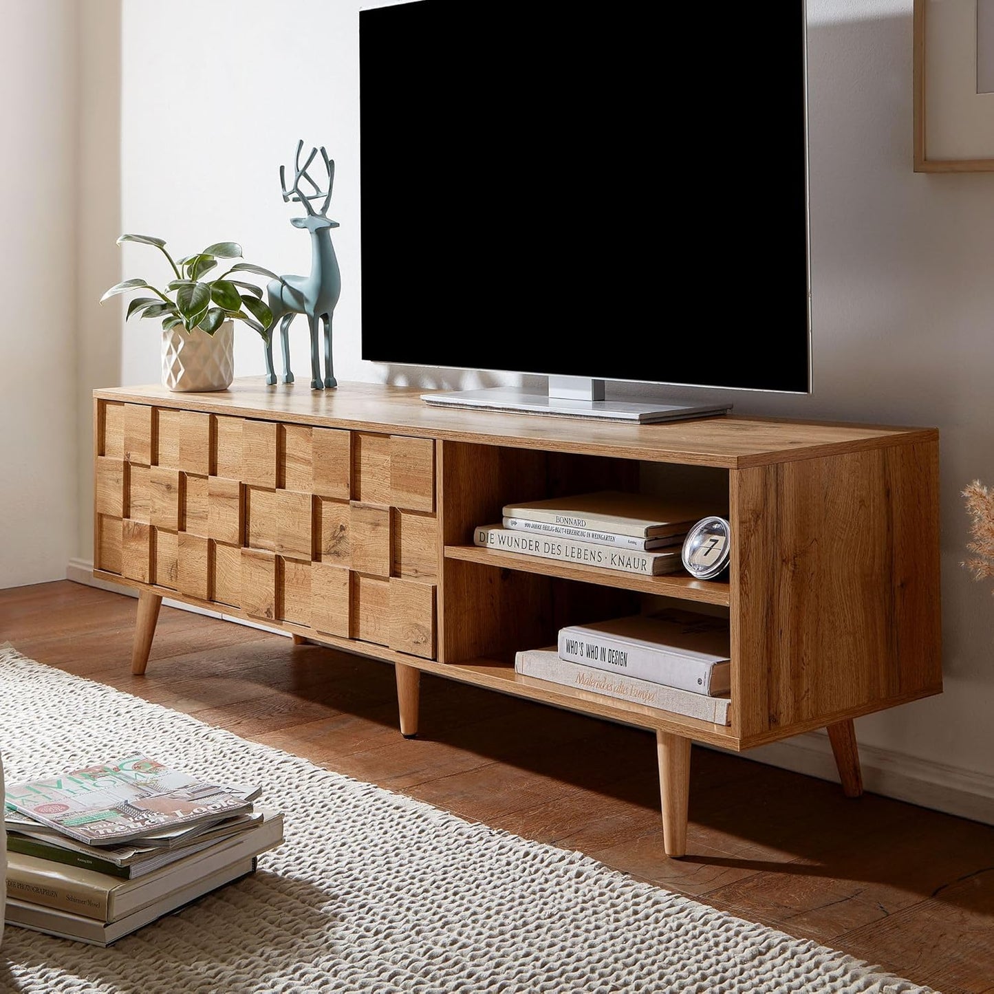 Wohnling Lowboard Wooden Oak Decor 160 x 51 x 40 cm TV Chest of Drawers with Two Doors Design TV Cabinet Tall TV Cabinet Modern TV Chest of Drawers Living Room