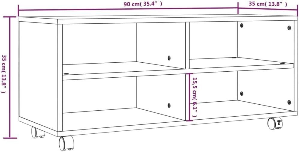 TV Table, Sideboard, Bedroom TV Cabinet with Wheels, Brown Oak, 90 x 35 x 35 cm, Suitable for Living Room, Bedroom, Office, Reception Room, Study