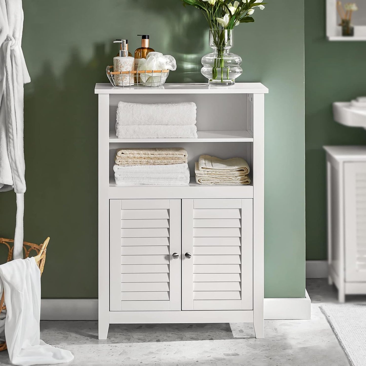 Bathroom Cabinet with Two Shelves and Doors, Chest of Drawers for Bathroom, Sideboard, Hallway Cabinet, Bathroom Furniture, White, W x H x D: 60 x 90 x 26 cm