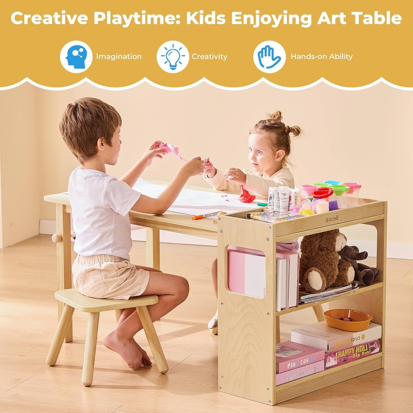 Kids Art Table & 2 Chairs Set with Roll Paper - Spacious Craft Table with Storage Shelves for Drawing, Activities, and Study - Ideal Wooden Furniture for Creative Play