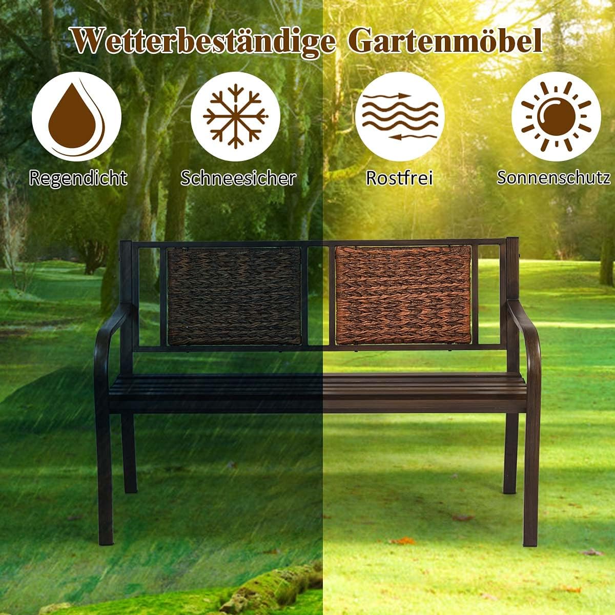 Metal Garden Bench, 2-3 Seater Bench with Polyrattan Backrest & Armrests, Park Bench up to 228 kg, Patio Bench for Garden, Balcony, Patio, Yard, 128 x 58 x 84 cm