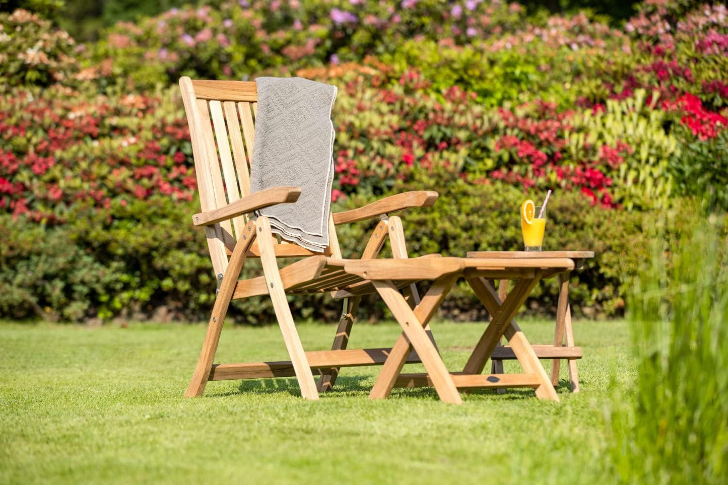 Garden Furniture Wooden Set 1x Teak Footstool Foldable 1x Teak High-Backed Chair Premium