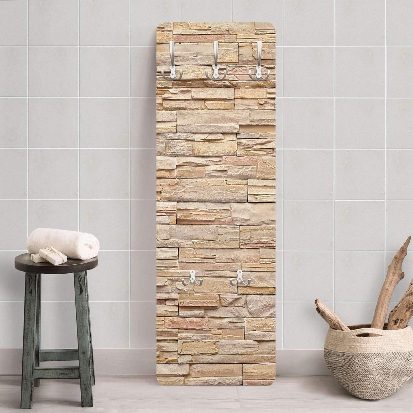 Bilderwelten Stone Wall Coat Rack 105 cm x 34 cm 3D Look Modern Stone Wall Coat Hook Coat Rack Hallway Furniture Wall Coat Rack Wood