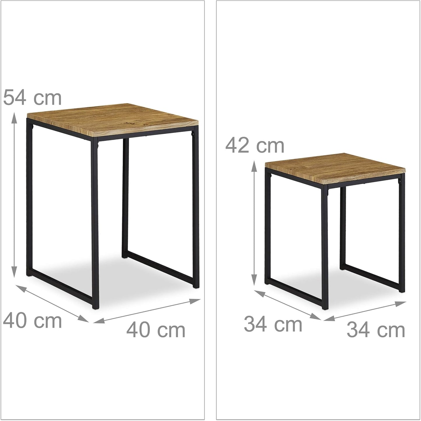 Set of 2 Stackable Side Tables, Industrial Design, 2 Sizes, Square, Metal, Wood Effect/Black