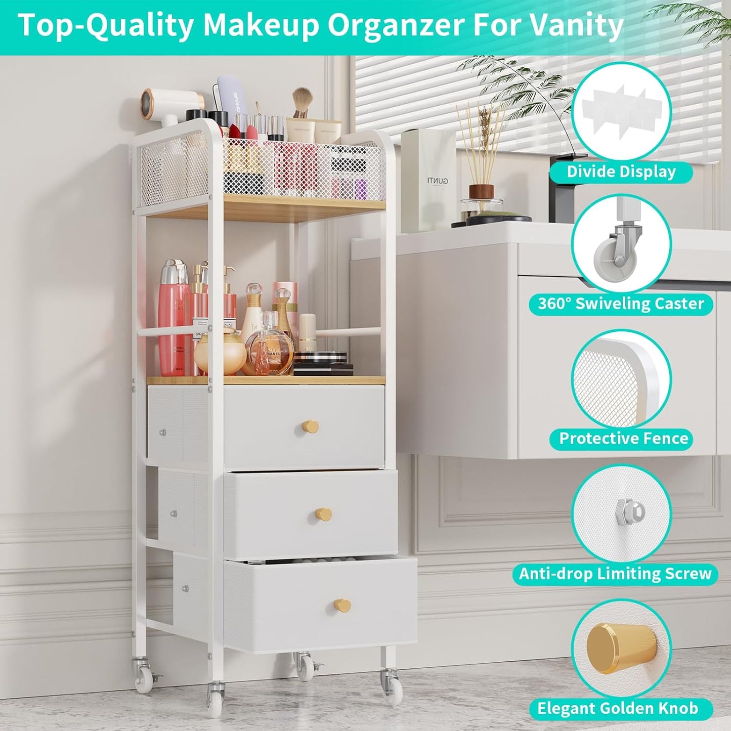 HapiRm Rolling Makeup Cart Organizer - Floor Skincare Make Up Storage with 3 Drawers, Vanity Organizer Cosmetic Display Cases Holder for Skin Care Perfume Nail Polish Brush Hair Tool