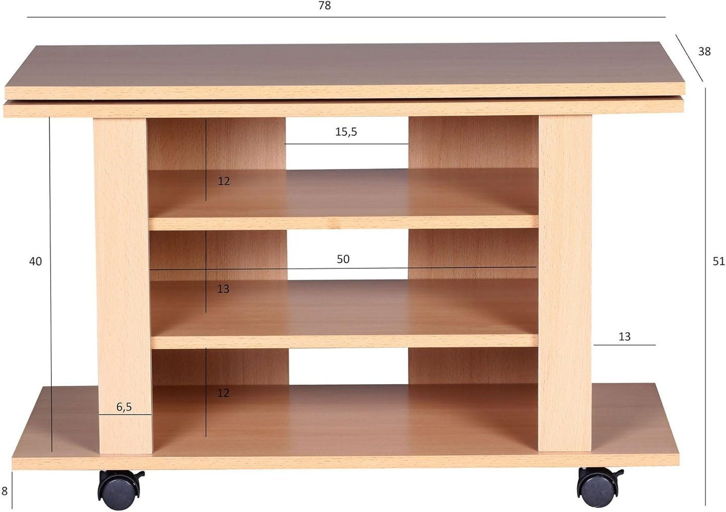 TV Cabinet Rotating on Wheels, TV Bench 75 x 38 x 50 cm with Turntable for TV, TV Table, Beech Wood with Shelf Board, TV Cabinet, HiFi Rack Furniture