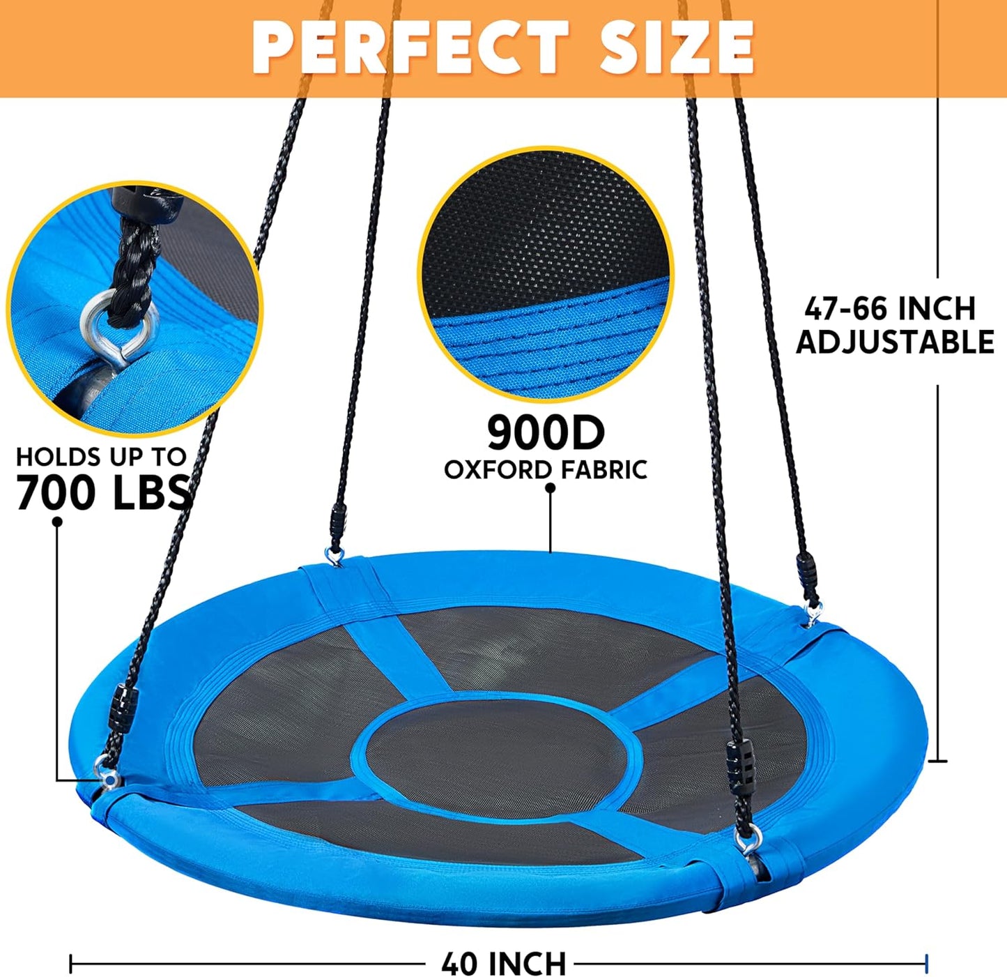 TURFEE 40" Saucer Tree Swing Set - 700Lb Weight Capacity, 900D Oxford Waterproof, with Hanging Straps Swings for Kids Playground Outdoor Activity Backyard Daily Exercise Fun(Blue)