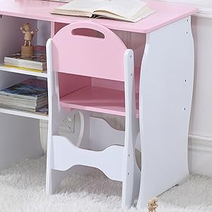 Kids Desk and Chair Set, Children Study Desk with Storage Shelf, Wooden School Study Table, Writing Table for Home School Use(Pink White)