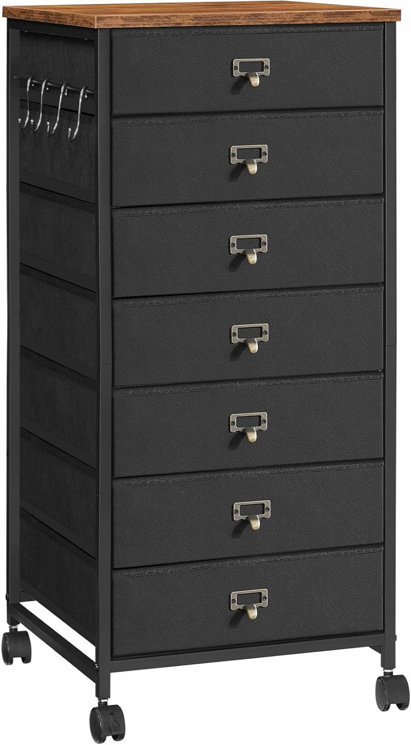 HOOBRO 7-Drawer Vertical File Cabinet, Office Cabinet with Drawers, Filing Cabinet for Home Office, with S Hooks and Nameplates, Sturdy Metal Support, Easy Assembly, Black and Rustic Brown BFK71WJ01