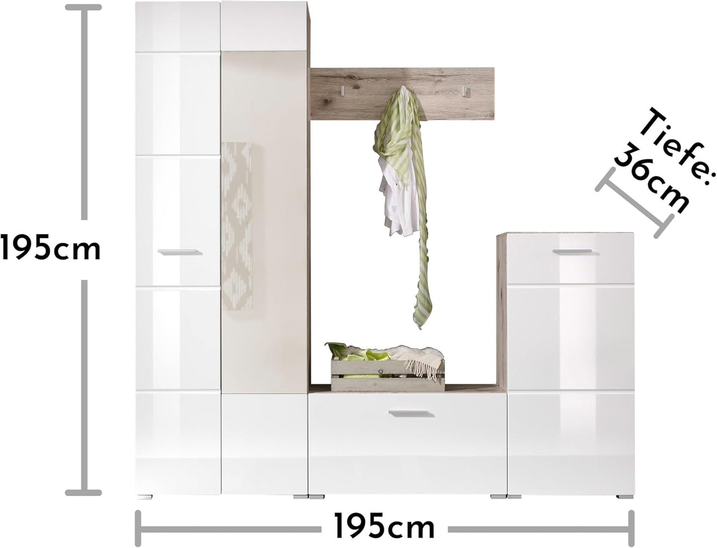 Stella Trading Sixx Hallway Wardrobe Set in White High Gloss / Sand Oak Look - Modern Compact Coat Rack 4-Piece for Your Entrance Area - 195 x 195 x 36 cm (W x H x D)