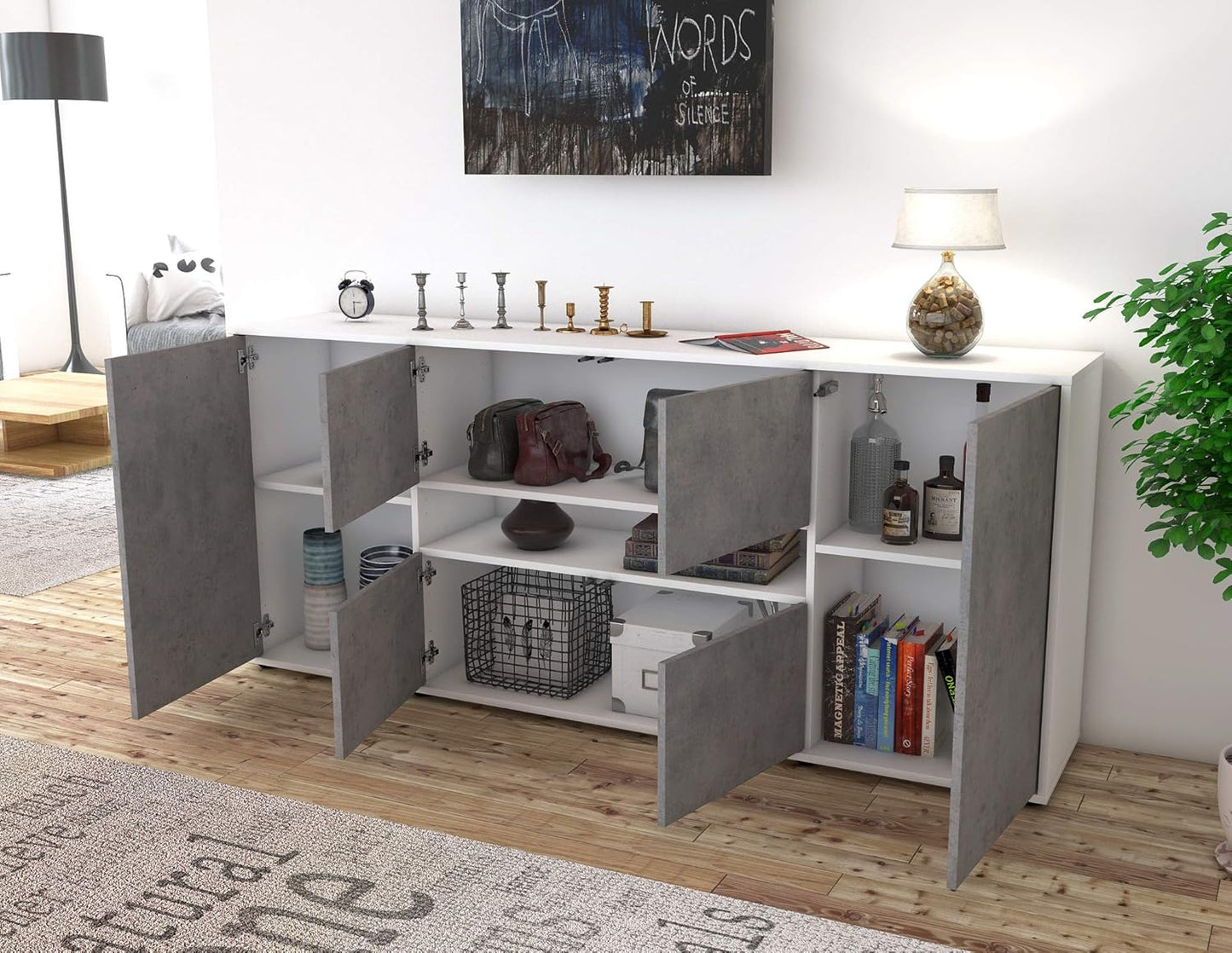 Farina Sideboard - Body White Matt - Front Concrete Look (180 x 79 x 35 cm) Push-to-Open Technology