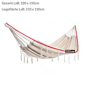 Hammock, 300 kg Load Capacity, 320 x 150 cm, Breathable, with Fringes, Weatherproof, for Camping, in the Garden and Indoors, for Multiple People