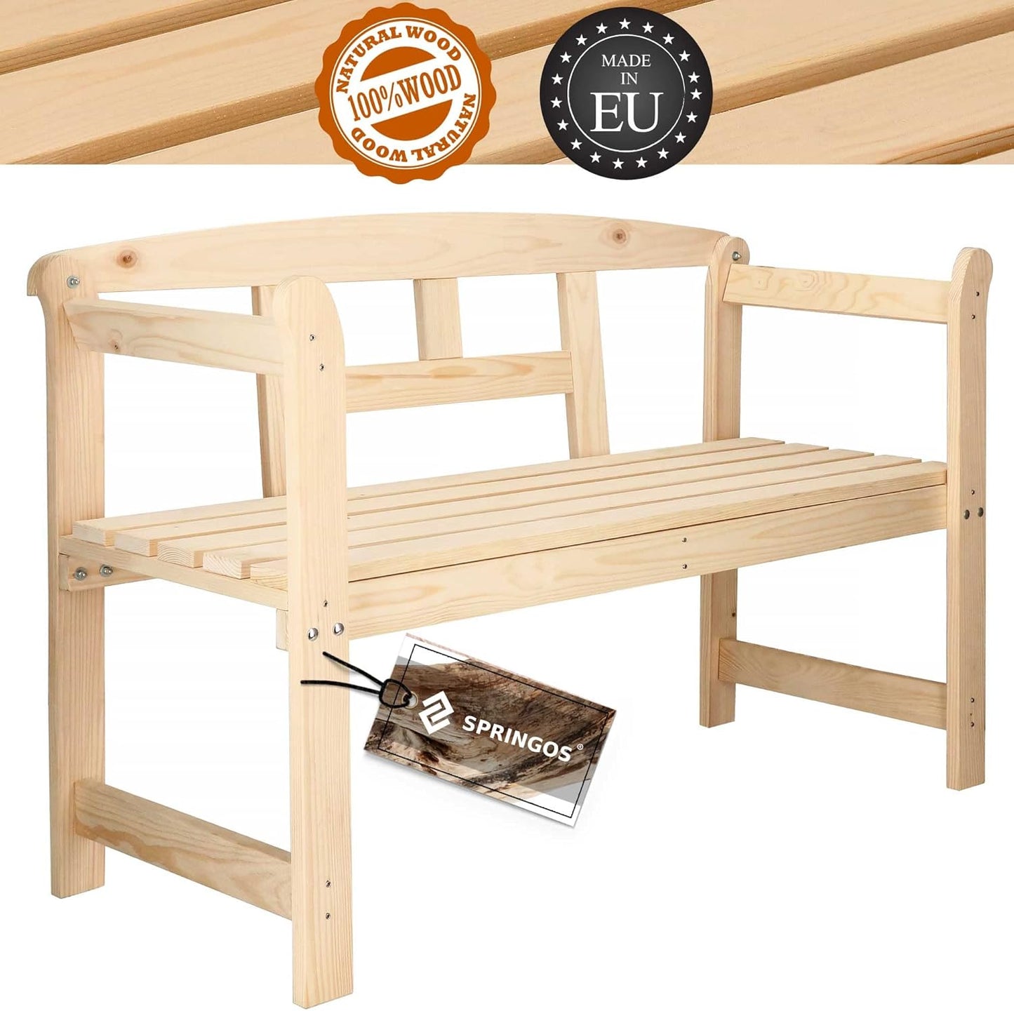 Wooden Bench with Armrests for 2 People, Garden Bench, 119 x 45 x 78 cm, Country House Style, Solid Raw Wood