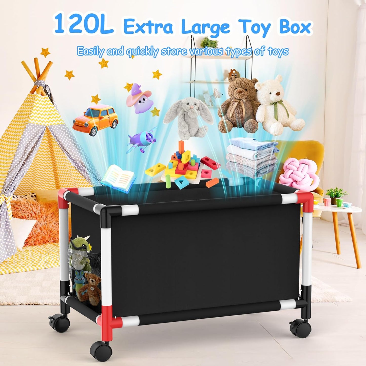 Extra Large Toy Box, Kids Storage Organizers with 360° Wheels, 120L Oxford Toy Chest Boxes for Boys Girls, Home Storage Organizer Toybox for Bedroom Living Nursery, 28.4 x 15.4 x19 Inches