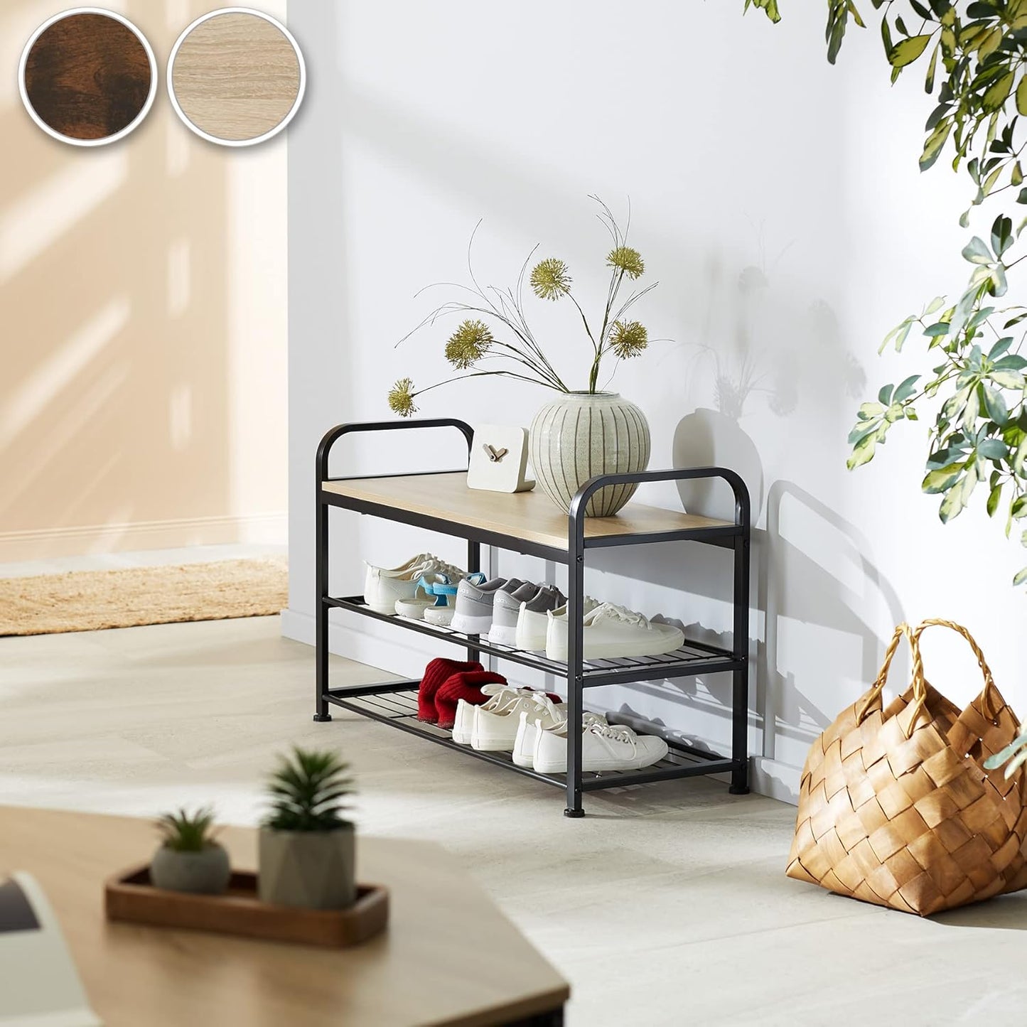 Shoe Rack with Seat, Shoe Bench Made of Wood and Metal, Industrial Design, 3 Tiers with 2 Grid Shelves, 91 x 36 x 55 cm, Black Metal Frame (Industrial Dark Brown)