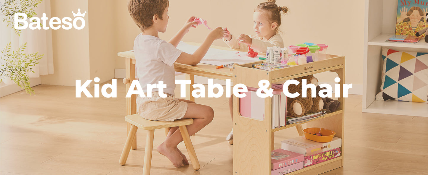 Kids Art Table & 2 Chairs Set with Roll Paper - Spacious Craft Table with Storage Shelves for Drawing, Activities, and Study - Ideal Wooden Furniture for Creative Play