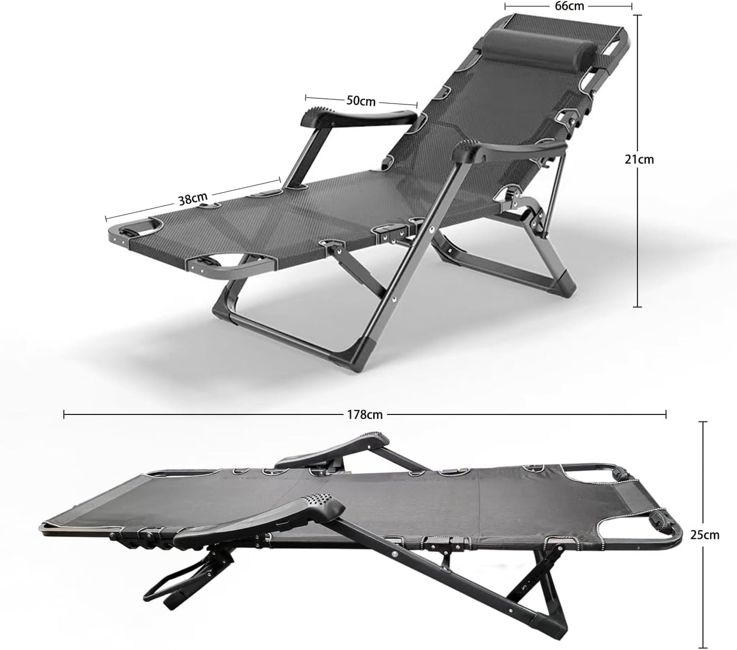 Folding Deck Chair, Sun Lounger, Weightless Chair, Garden Chair, Lounger, Lounger Sofa, Extra Wide, with Pearl Cotton Cushion and Cushion, Cup Holder, Maximum Load 200 kg, Black