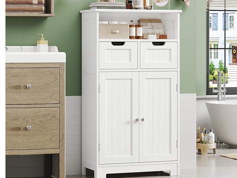 White Storage Cabinet with Drawers and Shelves, Bathroom Cabinet with Doors, Floor Storage Cabinet Hutch Cupboard for Dining/Living Room/Home Office