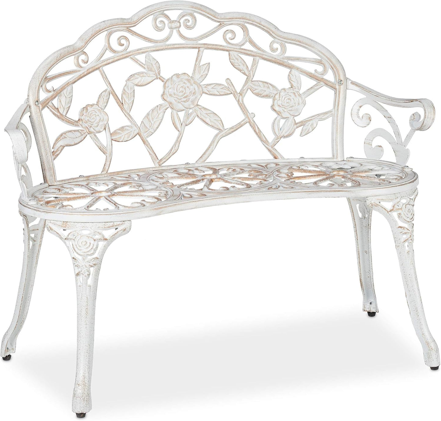 Garden Bench, 2 Seater, Roses, Patio, Balcony, Aluminium & Cast Iron, Antique Bench, 78 x 98 x 57 cm, White/Bronze