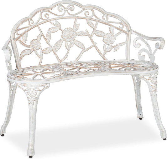 Garden Bench, 2 Seater, Roses, Patio, Balcony, Aluminium & Cast Iron, Antique Bench, 78 x 98 x 57 cm, White/Bronze