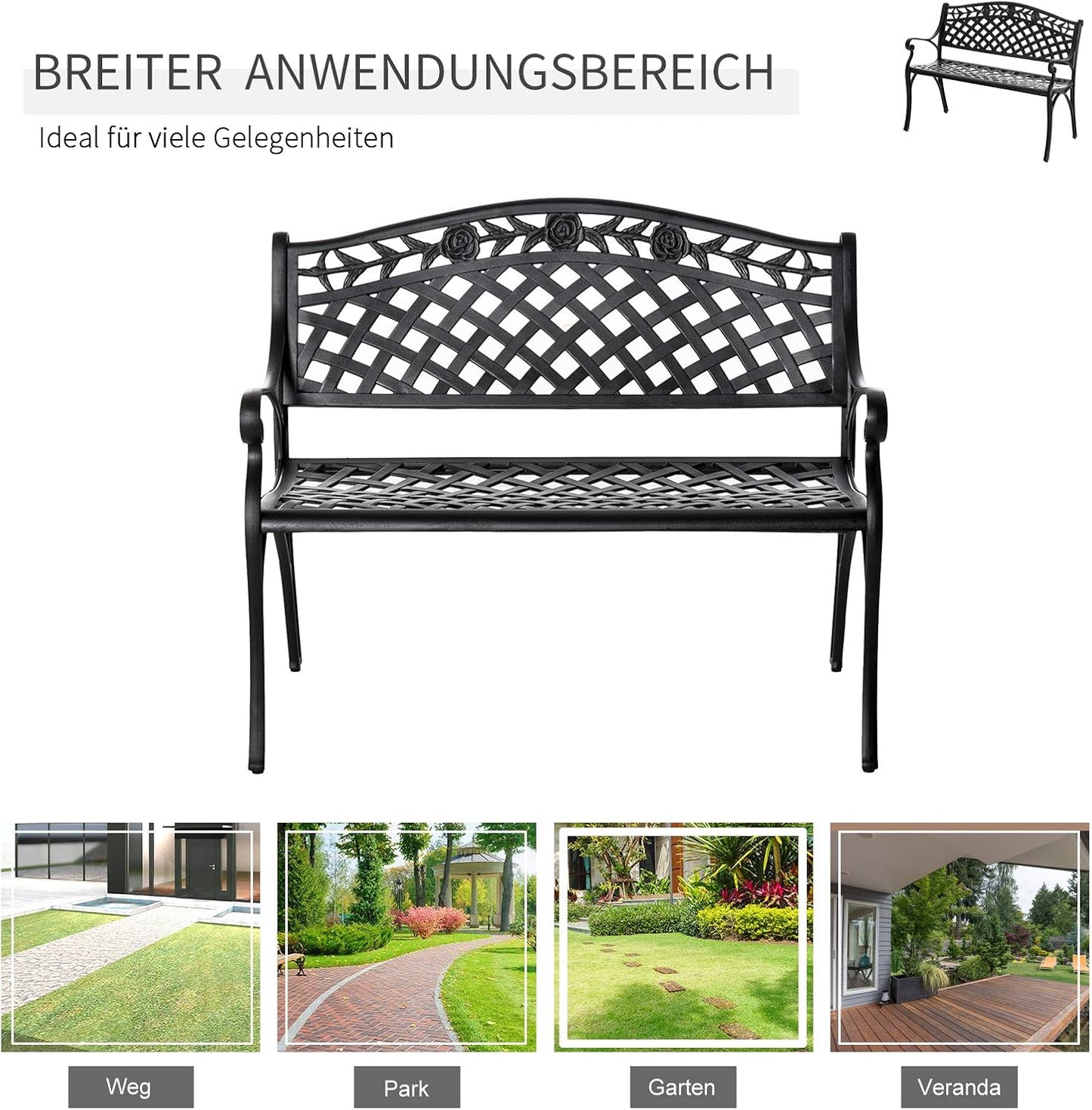 2-Seater Aluminium Garden Bench Metal Bench with Armrests Country House Style Black 102.5 x 61 x 84 cm