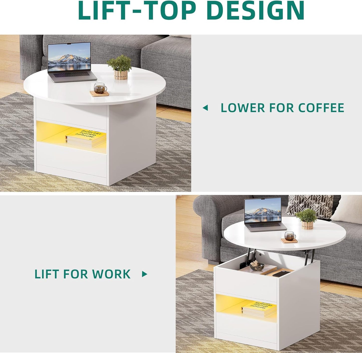 Coffee Table Height Adjustable Coffee Table Round with Lifting Plate, Living Room Table High Gloss with Hidden Storage Compartment and LED Lighting Modern, Side Table Round with 1 Drawer