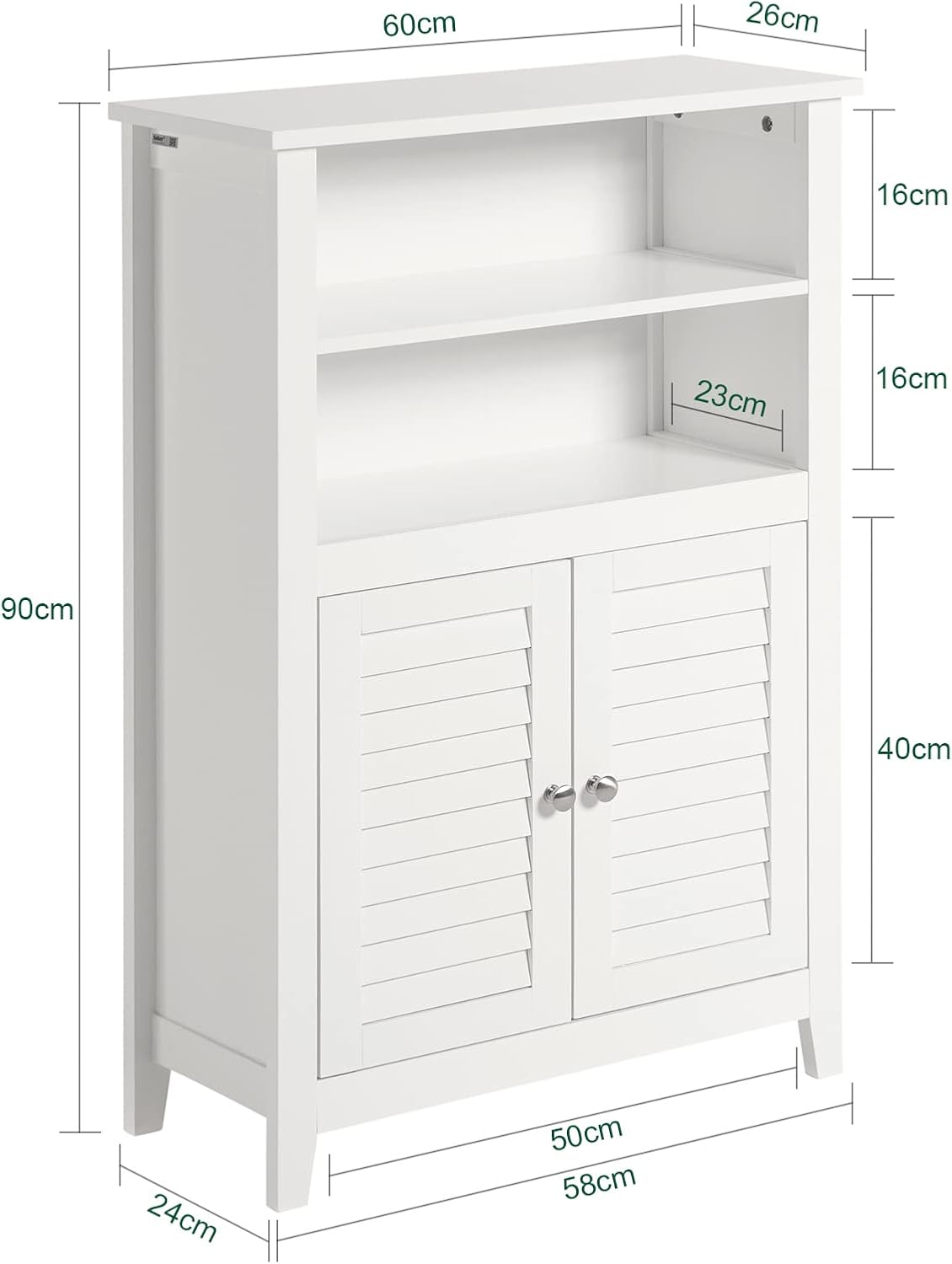 Bathroom Cabinet with Two Shelves and Doors, Chest of Drawers for Bathroom, Sideboard, Hallway Cabinet, Bathroom Furniture, White, W x H x D: 60 x 90 x 26 cm