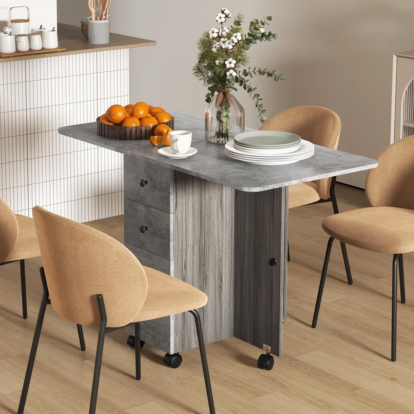 Folding Kitchen Table, Dining Table, 2 Folding Trays with 2 Drawers, 1 Cabinet and 1 Storage Shelf, 120 x 60 x 76.5 cm, Grey