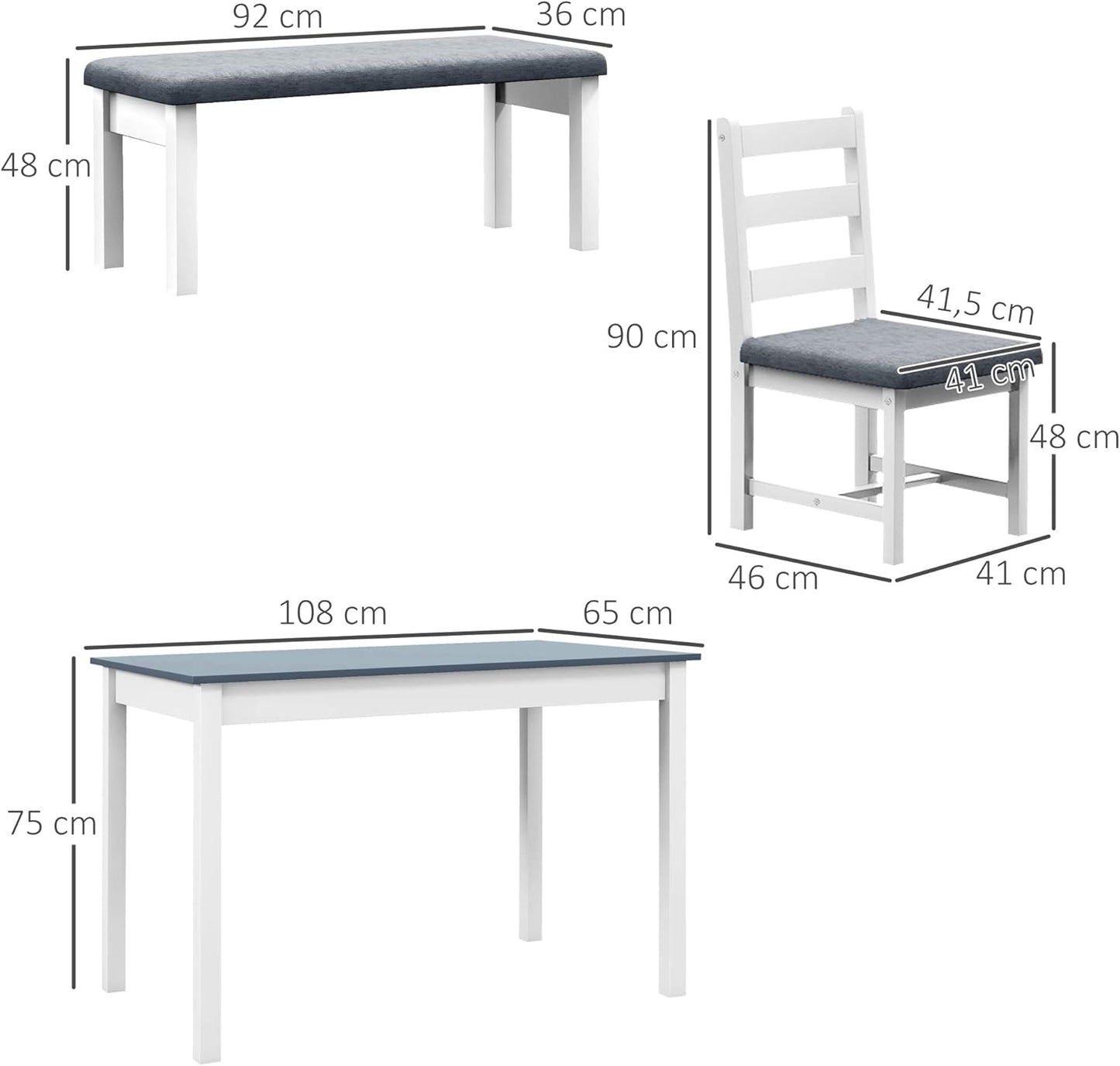 Dining Set with 2 Upholstered Chairs, Bench, 4-Piece Dining Table Set, Linen Look Dining Set for Kitchen, Living Room, Pine Wood, Grey, White