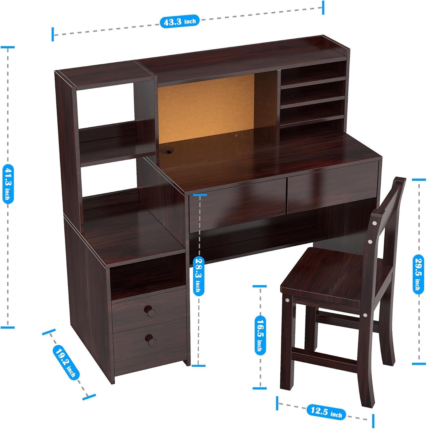 Espresso Kids Desk and Chair Set for 5-12 Year Old, Childrens Computer Desk with 4 Drawers, Kids Study Table with Storage Shelf-fW40