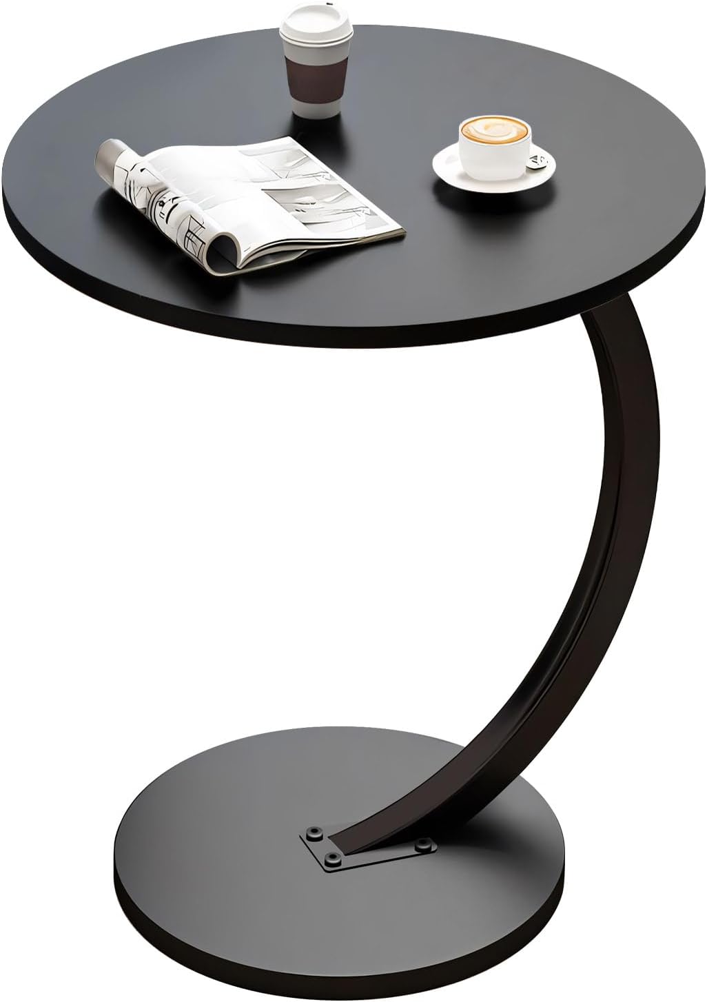 Gemsaya Side Table C Shape, Black Round Wood Table with Metal Frame, Mobile Sofa Table Top Diameter 40 cm, Height 62 cm, Modern Round Coffee Table Small for Living Room, Bedroom