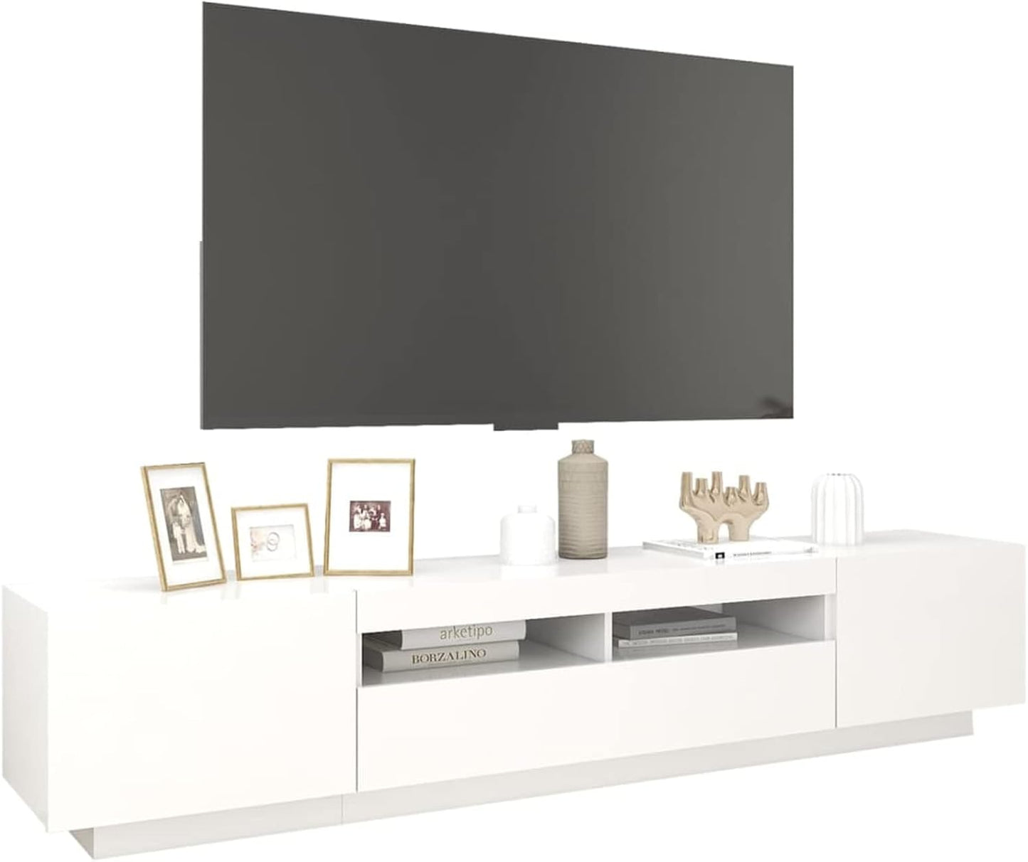 TV Cabinet with LED TV Cabinet, 200 cm Long, TV Lowboard, Wooden TV Table, Modern TV Table, TV Board, TV Cabinet for the Living Room, White, 200 x 35 x 40 cm