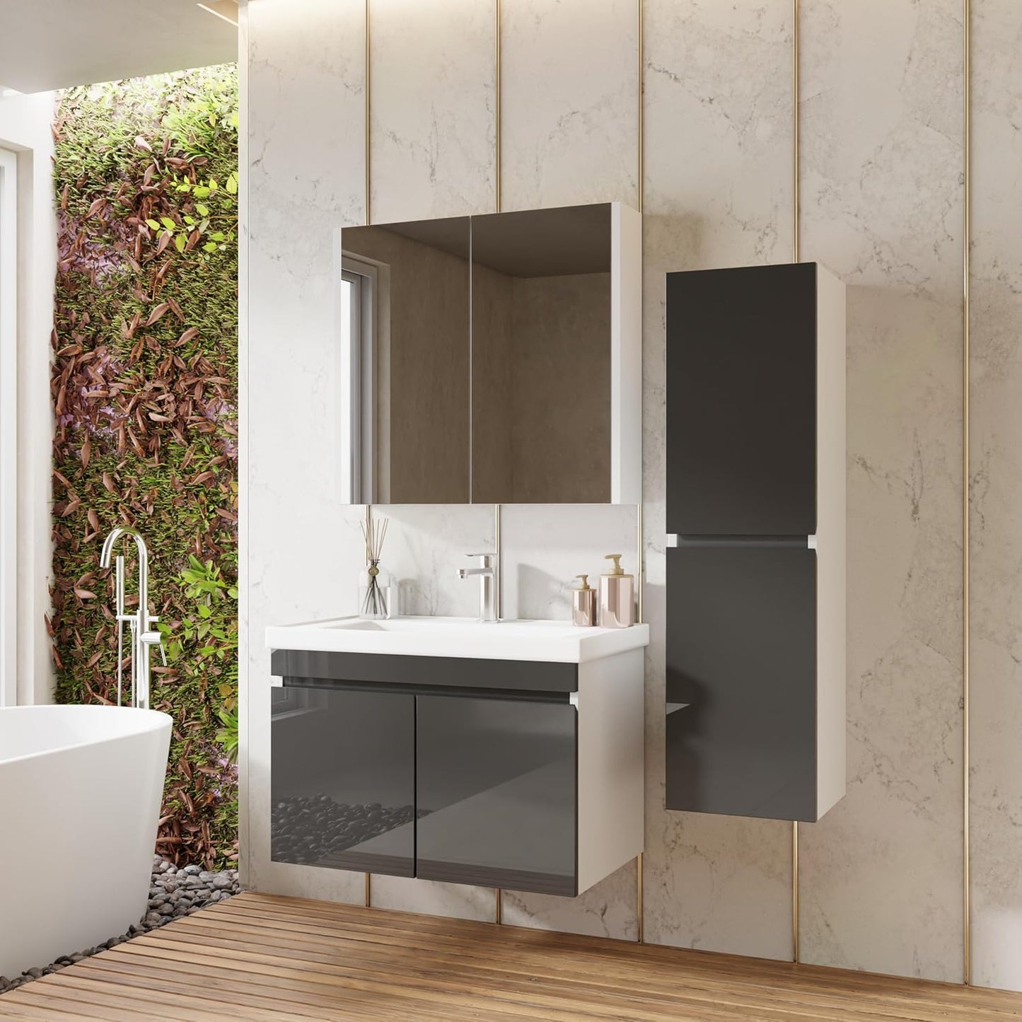 Bathroom Furniture Set, Anthracite, Ceramic Sink, Base Cabinet, Mirror Cabinet, Soft Close Doors & Invisible Handles, Futuristic Style, Bathroom Furniture, Vanity Unit