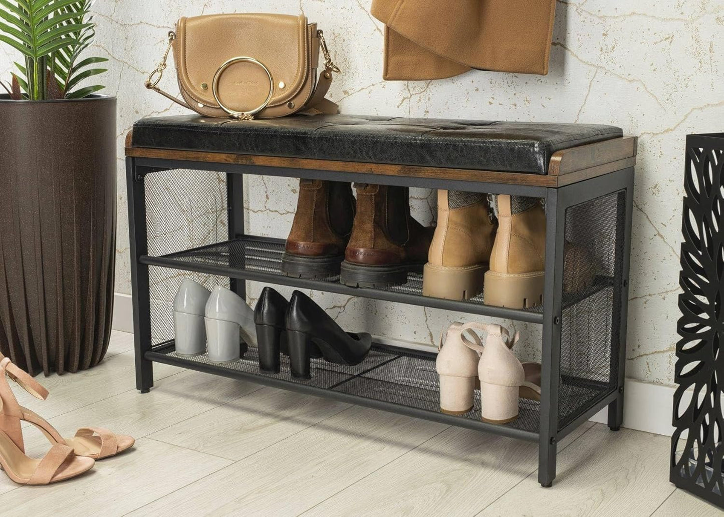 Shoe Rack Metal Black with 2 Shelves and Faux Leather Seat | Loft Shoe Cabinet 80 cm Wide and 48 cm High for Space-Saving | Hallway Furniture