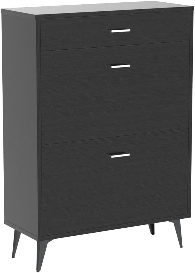 Shoe Cabinet, Improved Free Standing Shoe Storage Cabinet for Entryway, Modern Narrow Shoe Organizer Rack with 2 Flip Cabinets and Open Shelves- Black