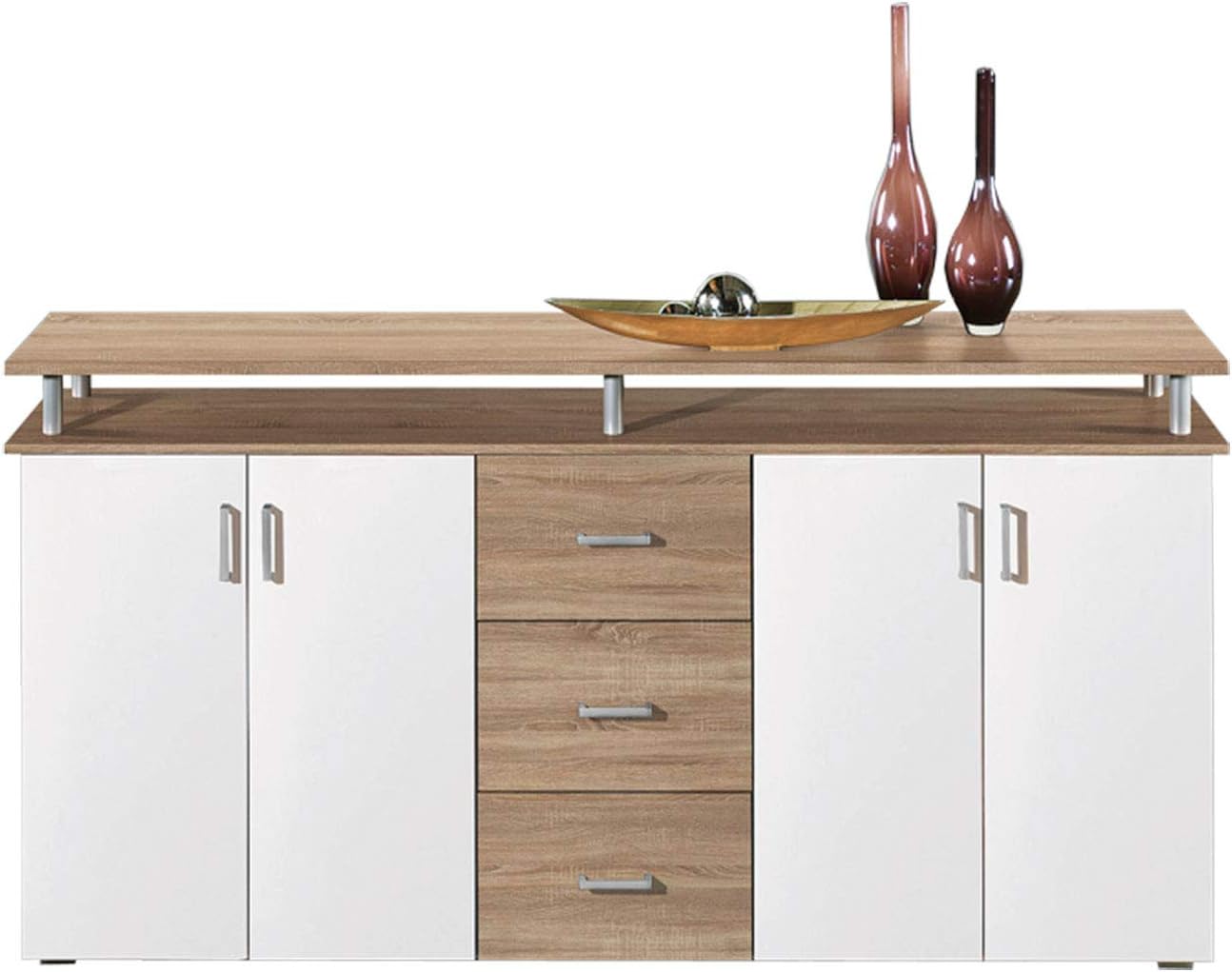 Trading Highboard with Shelf in Sonoma Oak Look, White, Modern Living Room Cabinet with Drawers and Lots of Storage Space for Your Living Area, 178 x 90 x 38 cm (W x H x D)