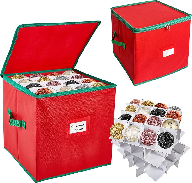 Red Christmas Ornament Storage Box, Ornament Storage Container Keeps 128 Holiday Christmas Ornaments 2.8-Inch, 600D Oxford 24" x 12" x 12" Organizer