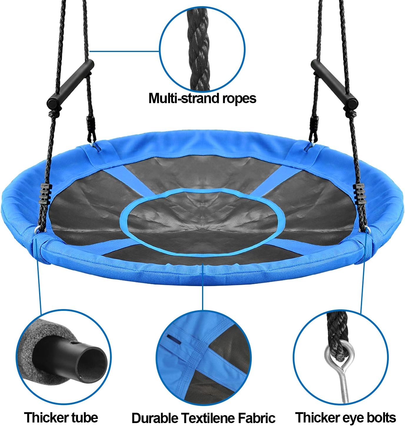 Saucer Tree Swing 46 Inch, 800 lb Weight Capacity Outdoor Swing with Tree Strap, Textliene Fabric Waterproof Steel Frame and Carabiner for Playground and Backyard, New Year Day Gifts (Blue)